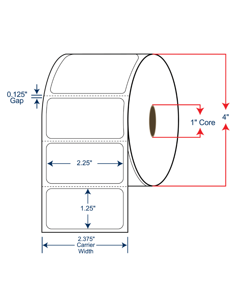 2.25x1.25 Direct Thermal Labels ROLLED -  4" OD, 1" core w/Perf