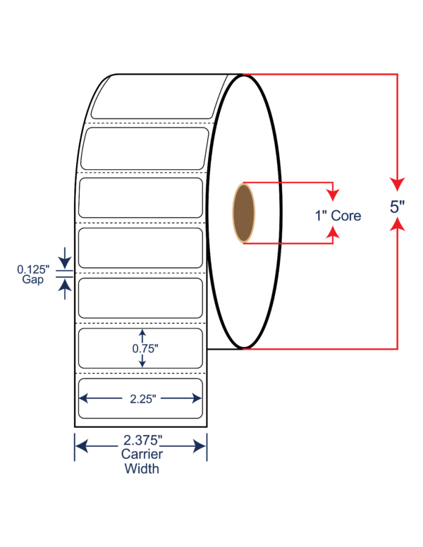 2.25x0.75 Direct Thermal Labels - 5" OD, 1" core w/Perf