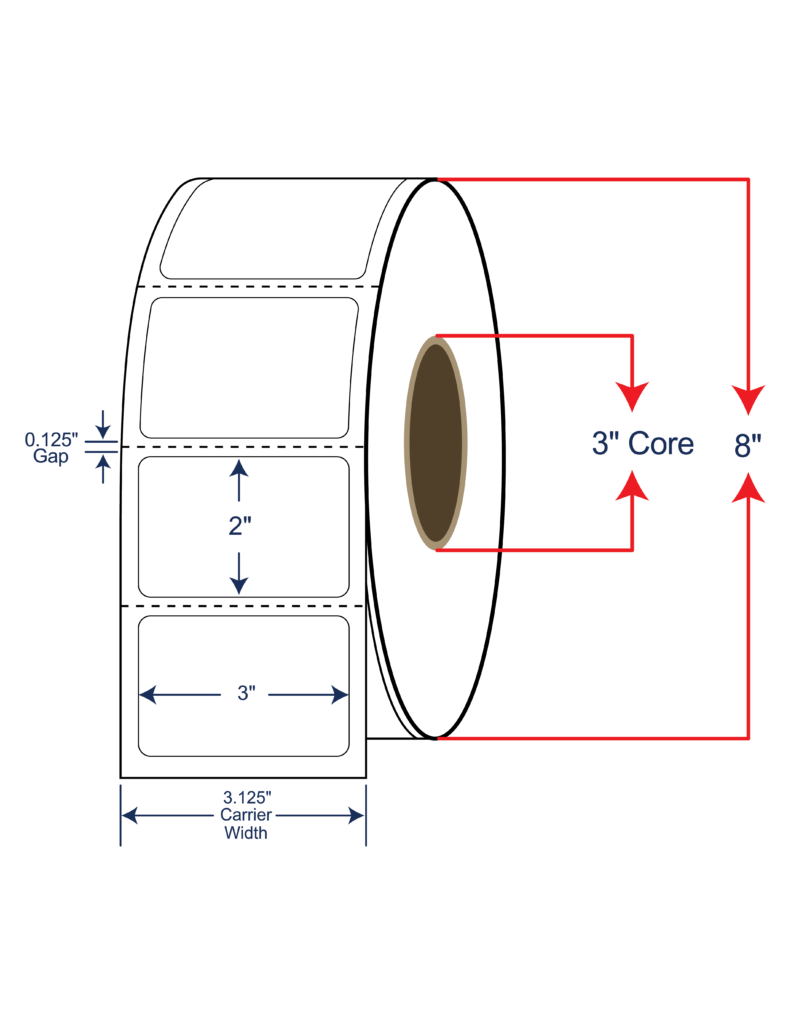 3x2 Direct Thermal Labels 8" OD, 3" core w/Perf