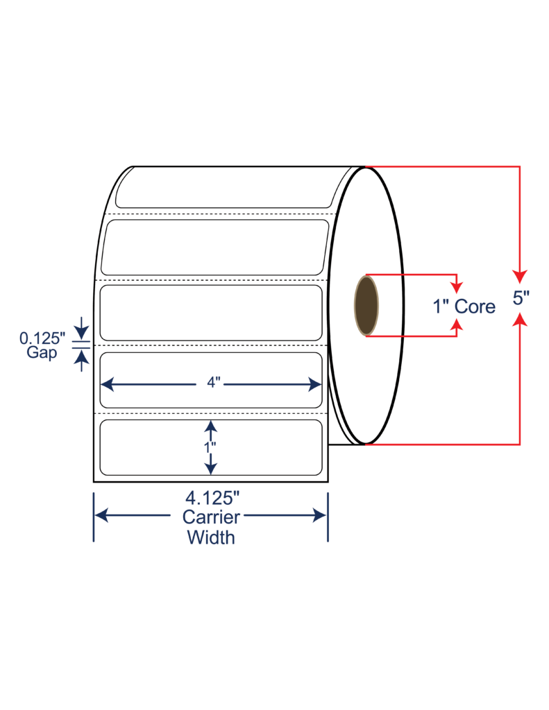 4x1 Direct Thermal Labels - 5" OD, 1" core w/Perf