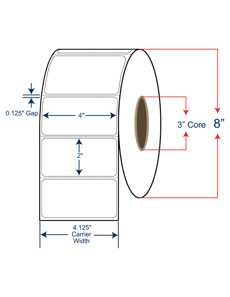 4x2 Direct Thermal Labels 8" OD, 3" core w/Perf