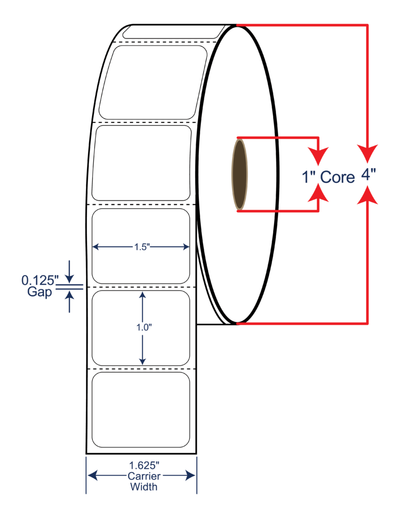 1.5x1 Thermal Transfer Labels - 4" OD, 1" core w/Perf