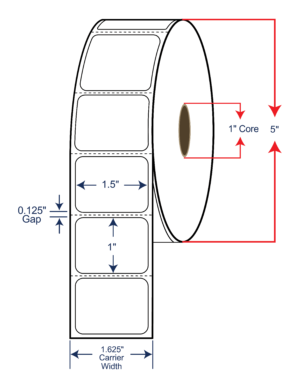 1.5x1 Thermal Transfer Labels POLYESTER 5" OD, 1" core w/Perf