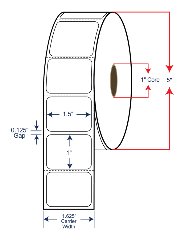 1.5x1 Thermal Transfer Labels POLYESTER 5" OD, 1" core w/Perf