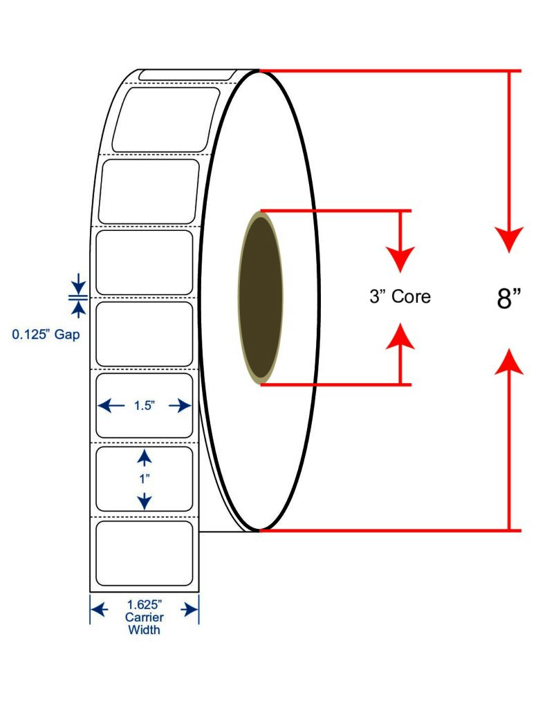 1.5x1 Thermal Transfer Labels -  8"OD, 3"core w/Perf