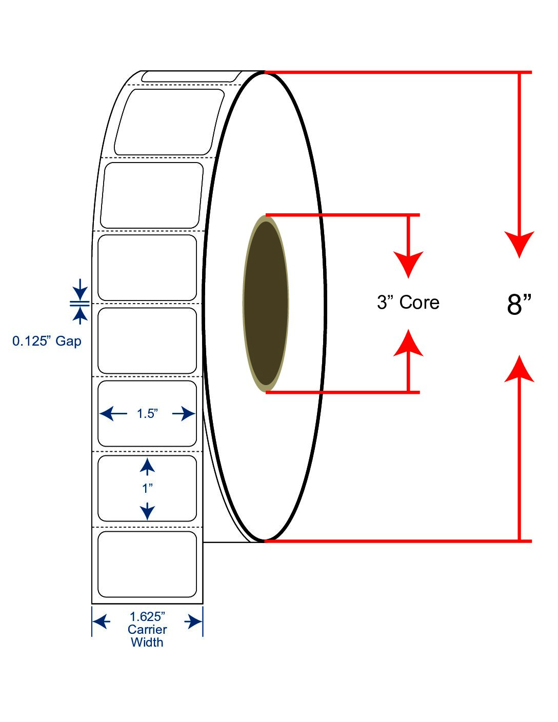 1.5x1 Thermal Transfer Labels -  8"OD, 3"core w/Perf