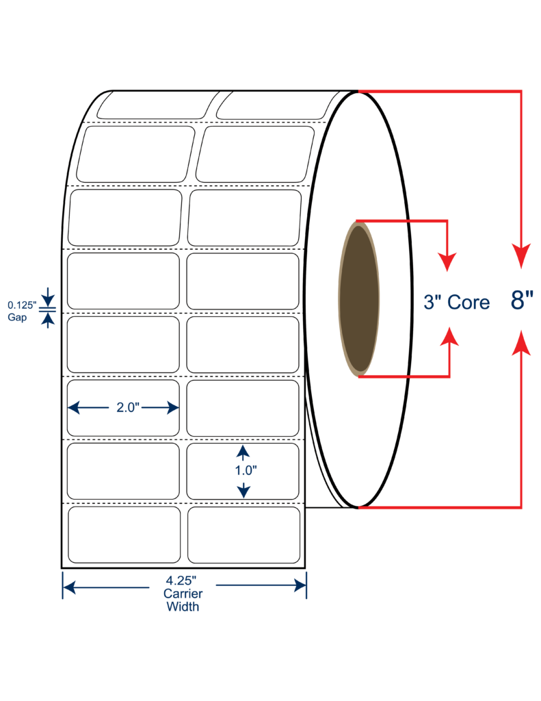 2x1 Thermal Transfer Labels 8" OD, 3" core w/Perf