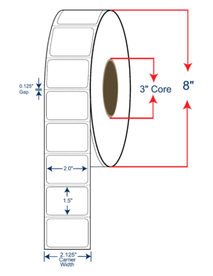 2x1.5 Thermal Transfer Labels 8" OD, 3" core w/Perf