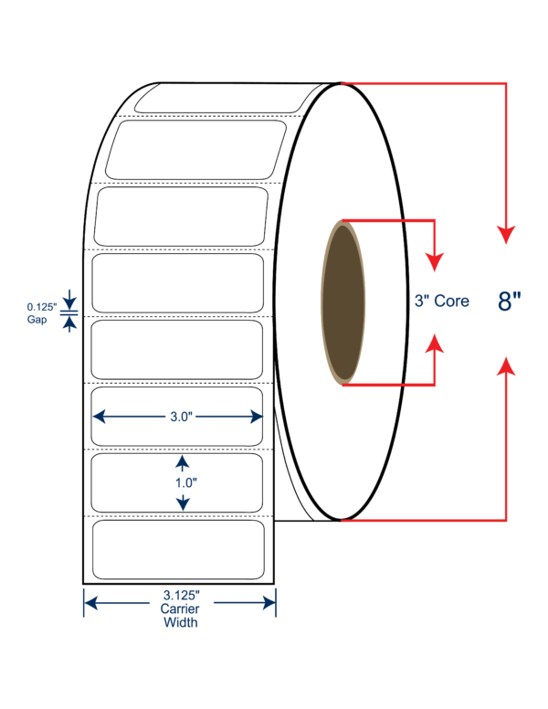 3x1 Thermal Transfer Labels 8" OD, 3" core w/Perf