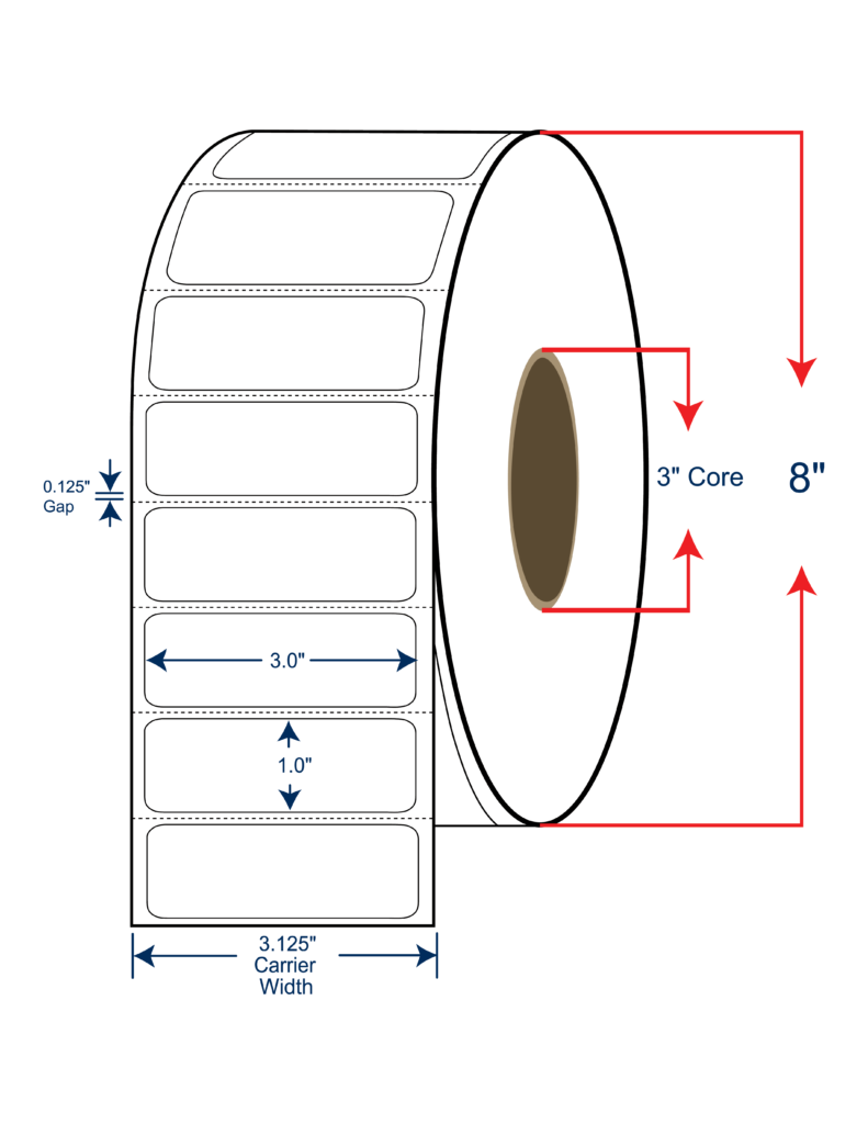 3x1 Thermal Transfer Labels 8" OD, 3" core w/Perf