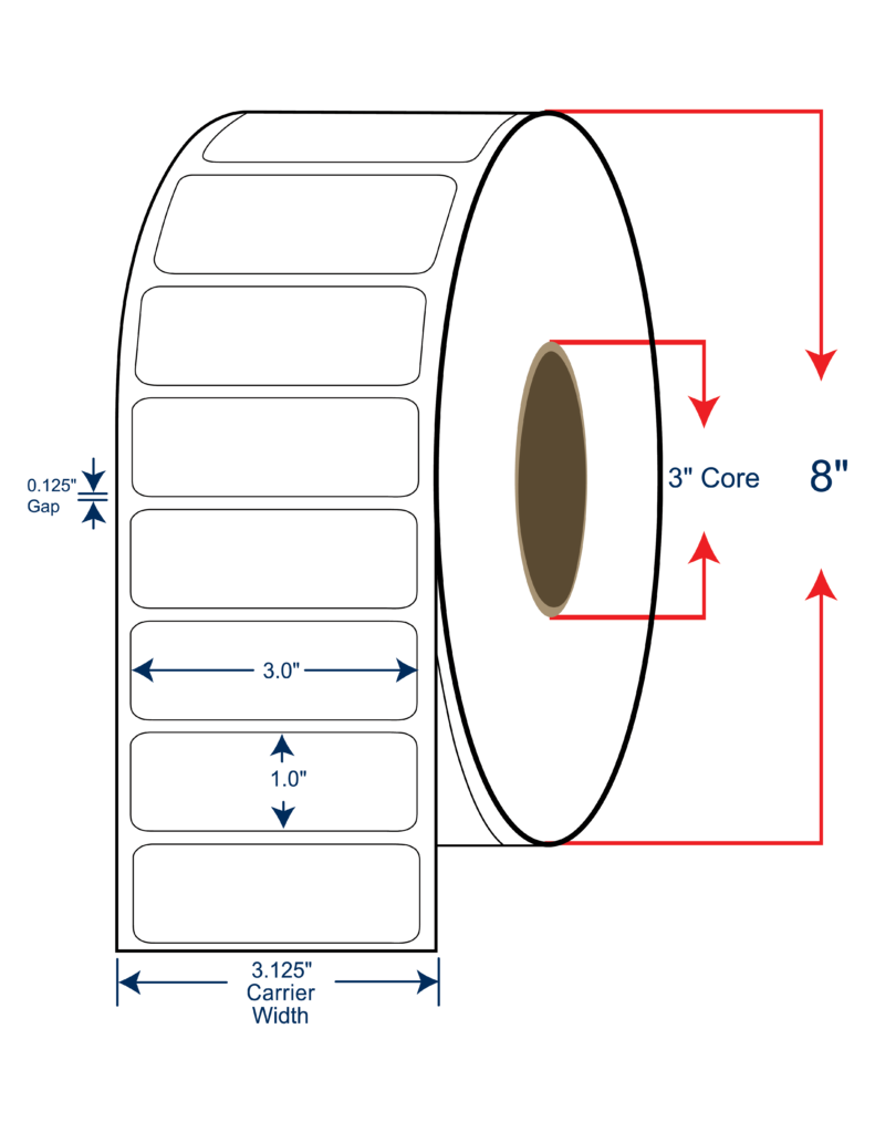 3x1 Thermal Transfer Labels 8" OD, 3" core