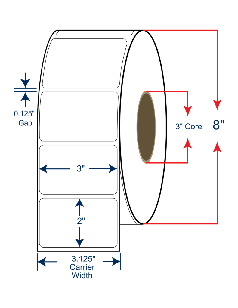3x2 Thermal Transfer Labels 8" OD, 3" core