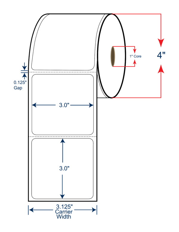 3x3 Thermal Transfer Labels 4" OD, 1" core w/Perf