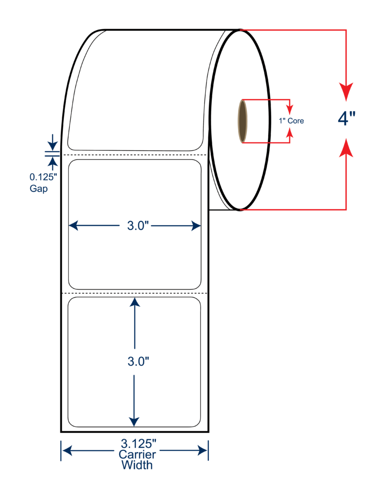 3x3 Thermal Transfer Labels 4" OD, 1" core w/Perf