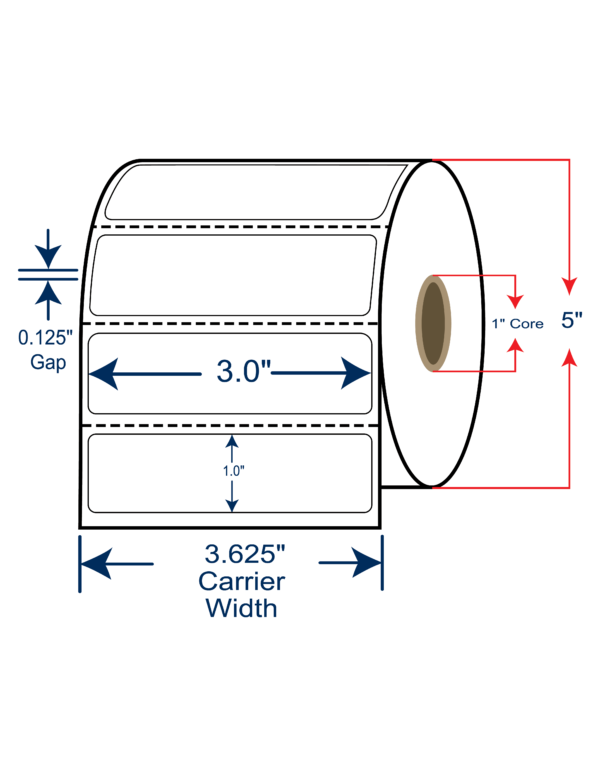 3.5x1 Thermal Transfer Labels 5" OD, 1" core w/Perf