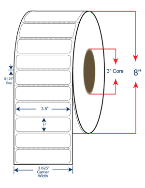 3.5x1 Thermal Transfer Labels 8" OD, 3" core w/Perf