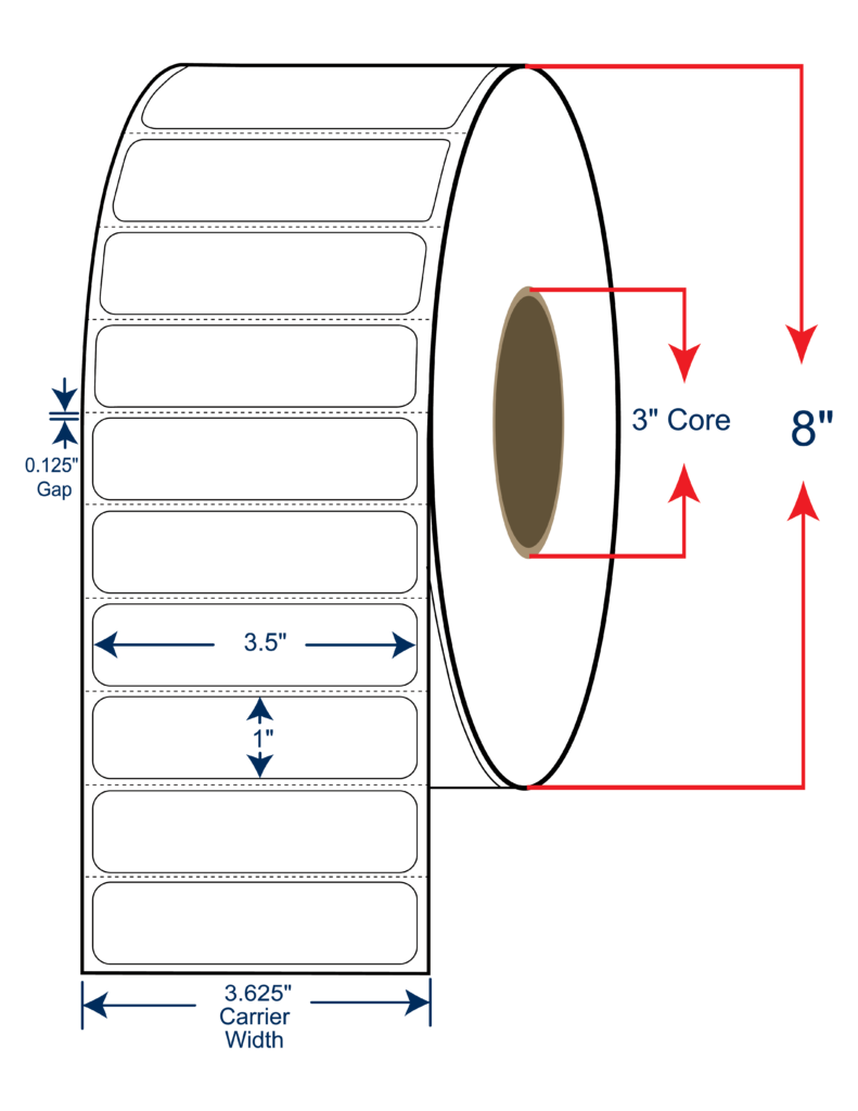 3.5x1 Thermal Transfer Labels 8" OD, 3" core w/Perf