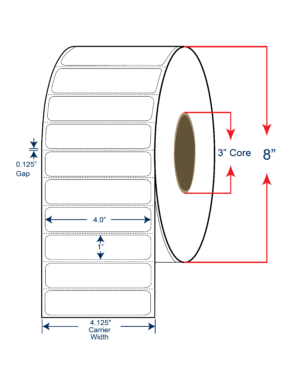 4x1 Thermal Transfer Labels 8" OD, 3" core w/Perf