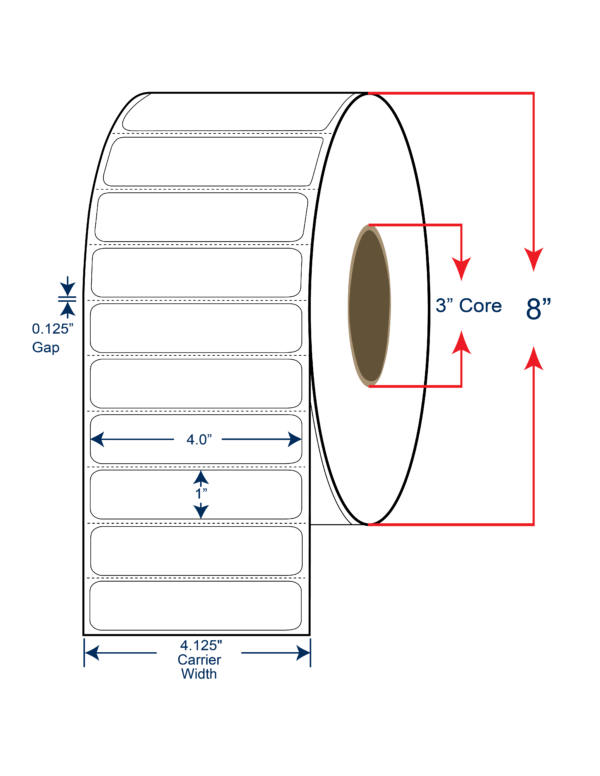 4x1 Thermal Transfer Labels 8" OD, 3" core w/Perf