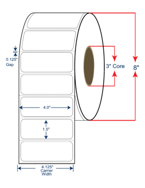 4x1.5 Thermal Transfer Labels 8" OD, 3" core w/Perf