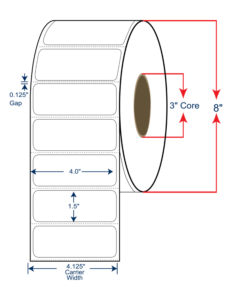 4x1.5 Thermal Transfer Labels 8" OD, 3" core w/Perf