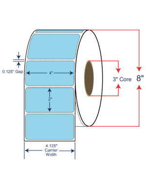 4x2 Blue (2975) Thermal Transfer Labels 8" OD, 3" core w/Perf