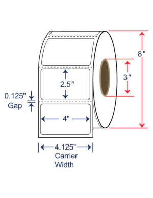 4x2.5 Thermal Transfer Labels 8" OD, 3" core w/Perf