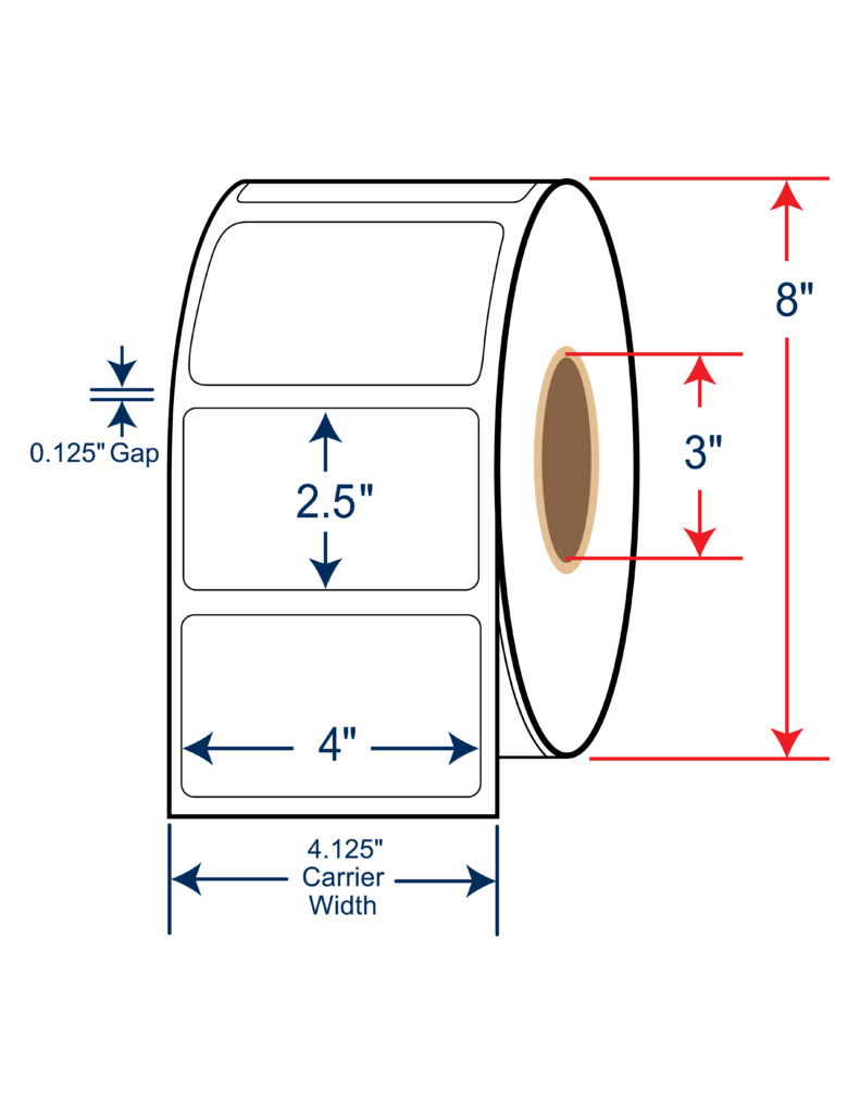 4x2.5 Thermal Transfer Labels 8" OD, 3" core