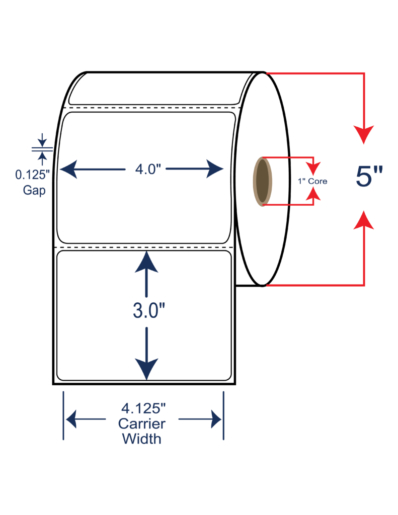 4x3 Thermal Transfer Labels 5" OD, 1" core w/Perf
