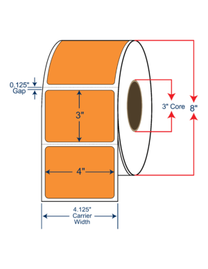 4x3 Fluorescent Orange Thermal Transfer Labels 8" OD, 3" core w/Perf
