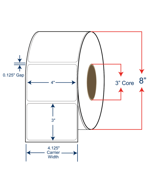 4x3 Thermal Transfer Labels 8" OD, 3" core