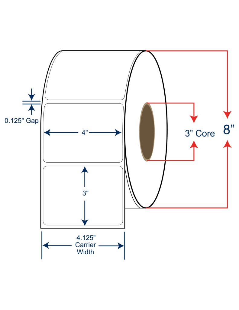 4x3 Thermal Transfer Labels 8" OD, 3" core