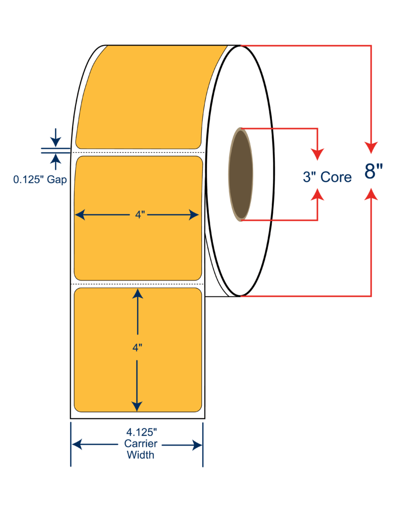4x4 Orange (136) Thermal Transfer Labels 8" OD, 3" core w/Perf