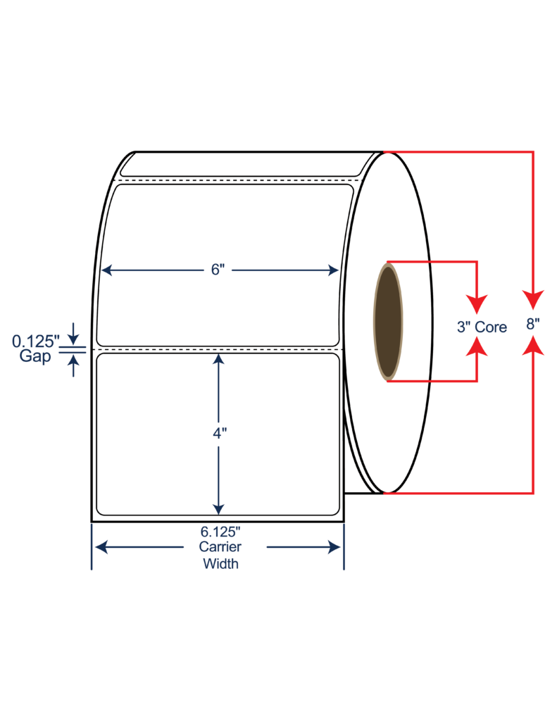 6x4 Thermal Transfer Labels 8" OD, 3" core w/Perf